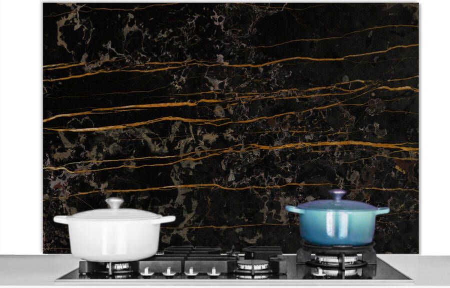 KitchenYeah Spatscherm keuken 120x80 cm Kookplaat achterwand Marmer Zwart Goud Ader Muurbeschermer Spatwand fornuis Hoogwaardig aluminium