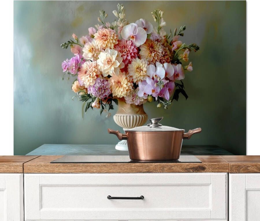 KitchenYeah Spatscherm keuken 120x80 cm Kookplaat achterwand Orchidee Boeket Vaas Bloemen Muurbeschermer Spatwand fornuis Hoogwaardig aluminium