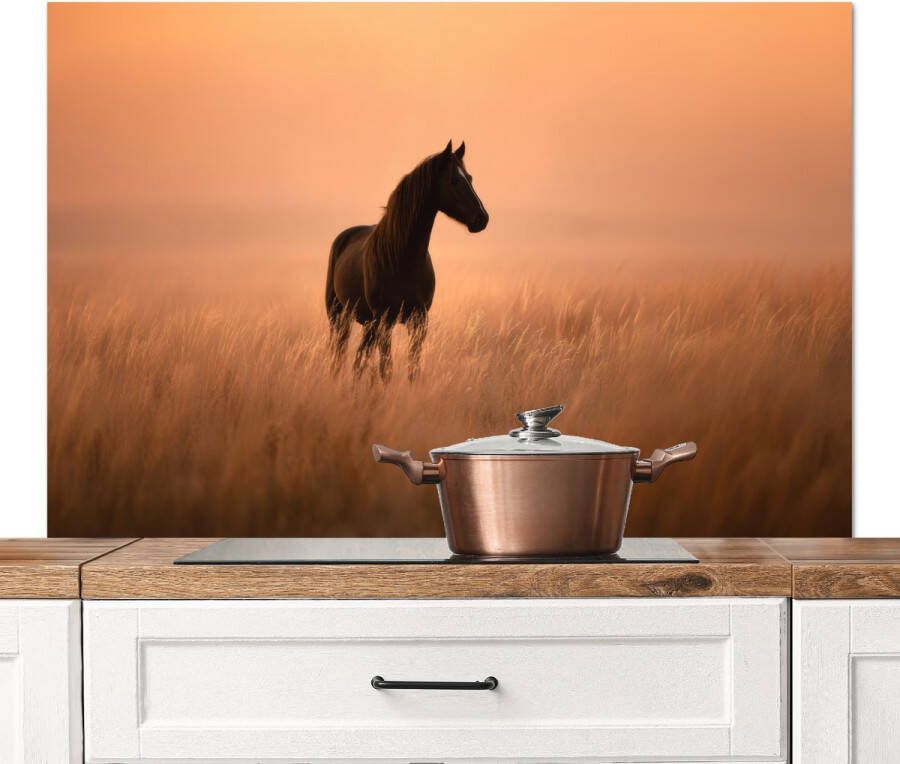 KitchenYeah Spatscherm keuken 120x80 cm Kookplaat achterwand Paard Grasveld Zonsondergang Muurbeschermer Spatwand fornuis Hoogwaardig aluminium