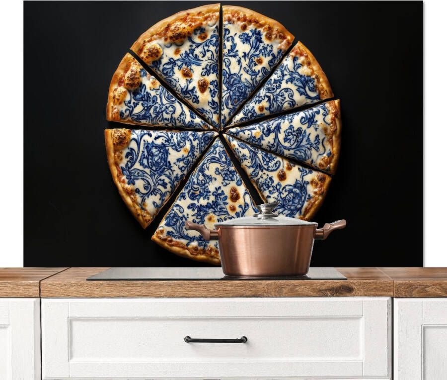KitchenYeah Spatscherm keuken 120x80 cm Kookplaat achterwand Pizza Eten Delftsblauw Muurbeschermer Spatwand fornuis Hoogwaardig aluminium