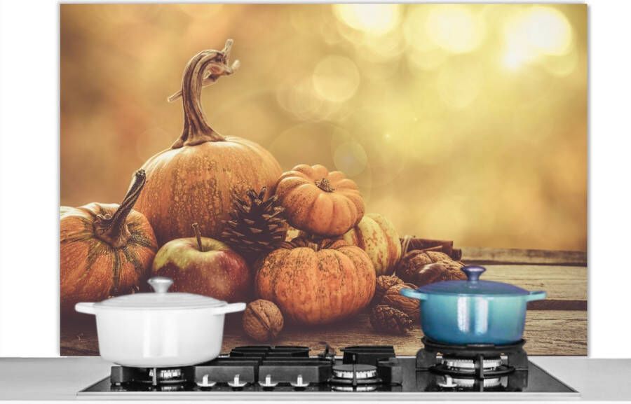 KitchenYeah Spatscherm keuken 120x80 cm Kookplaat achterwand Pompoen Herfst Dennenappel Fruit Appel Muurbeschermer Spatwand fornuis Hoogwaardig aluminium