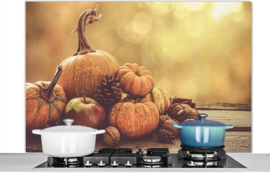 KitchenYeah Spatscherm keuken 120x80 cm Kookplaat achterwand Pompoen Herfst Dennenappel Fruit Appel Muurbeschermer Spatwand fornuis Hoogwaardig aluminium