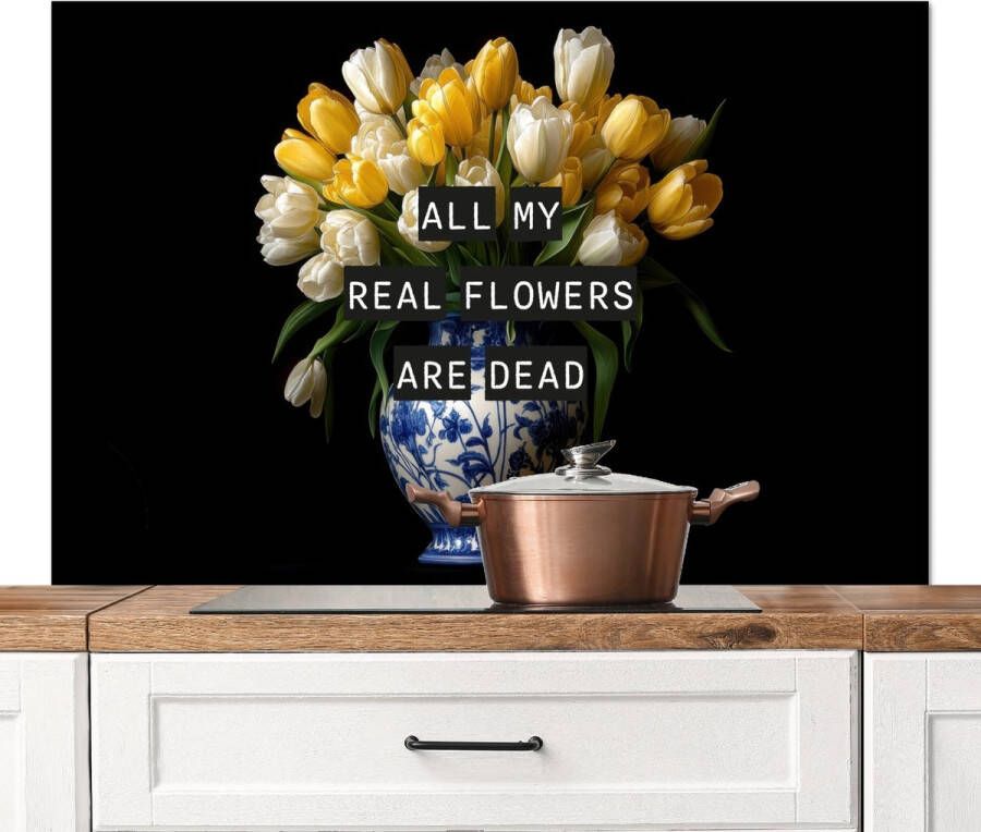 KitchenYeah Spatscherm keuken 120x80 cm Kookplaat achterwand Quotes Bloem Tulp Geel Muurbeschermer Spatwand fornuis Hoogwaardig aluminium