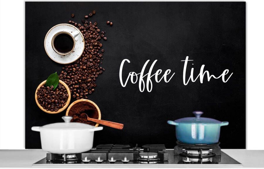 KitchenYeah Spatscherm keuken 120x80 cm Kookplaat achterwand Quotes Spreuken Coffee time Koffie Muurbeschermer Spatwand fornuis Hoogwaardig aluminium