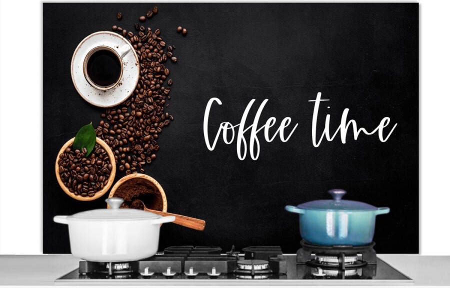 KitchenYeah Spatscherm keuken 120x80 cm Kookplaat achterwand Quotes Spreuken Coffee time Koffie Muurbeschermer Spatwand fornuis Hoogwaardig aluminium