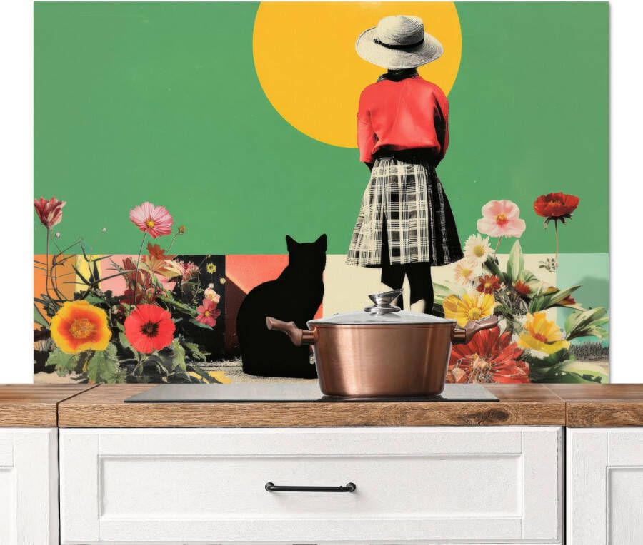 KitchenYeah Spatscherm keuken 120x80 cm Kookplaat achterwand Retro Meisje Kat Zon Muurbeschermer Spatwand fornuis Hoogwaardig aluminium