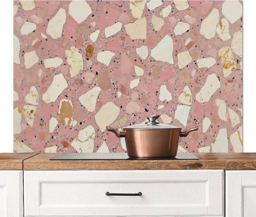 KitchenYeah Spatscherm keuken 120x80 cm Kookplaat achterwand Roze Decoratie Stenen Terrazzo Muurbeschermer Spatwand fornuis Hoogwaardig aluminium