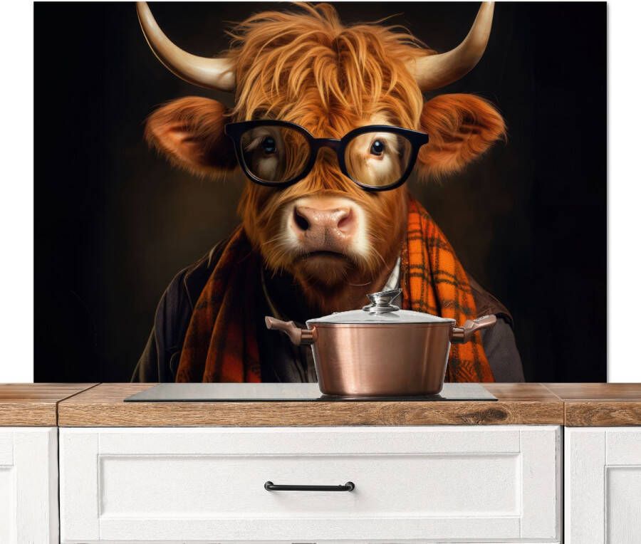 KitchenYeah Spatscherm keuken 120x80 cm Kookplaat achterwand Schotse hooglander Bril Sjaal Dier Muurbeschermer Spatwand fornuis Hoogwaardig aluminium