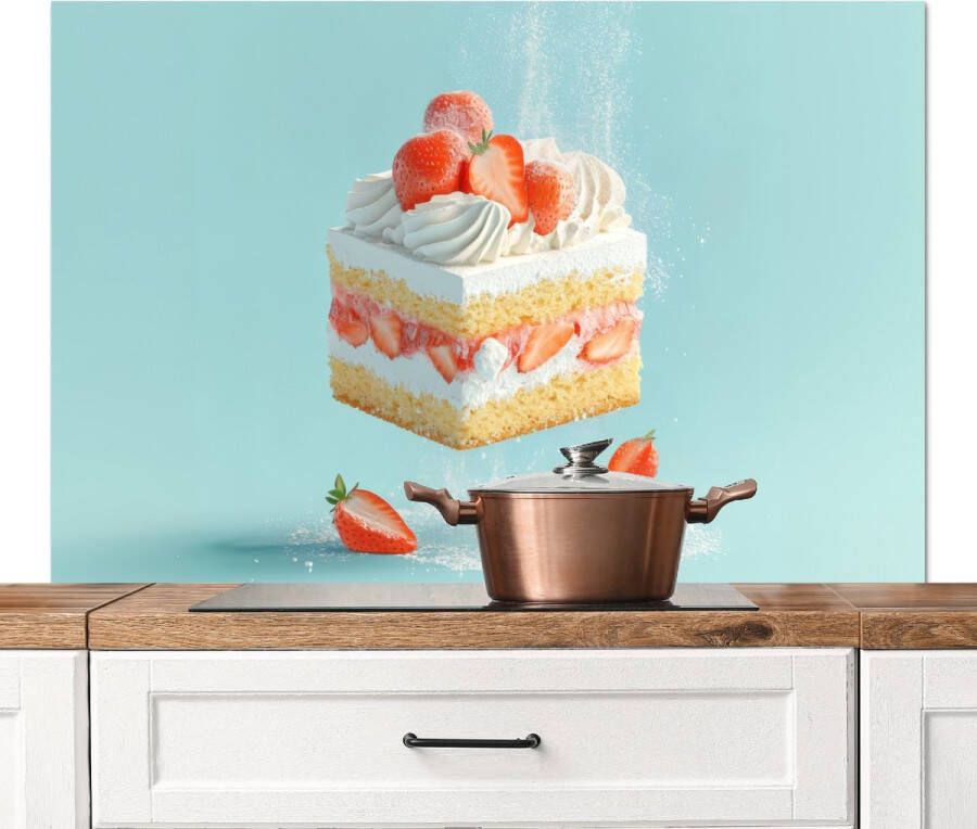 KitchenYeah Spatscherm keuken 120x80 cm Kookplaat achterwand Slagroom Taart Blauw Eten Muurbeschermer Spatwand fornuis Hoogwaardig aluminium