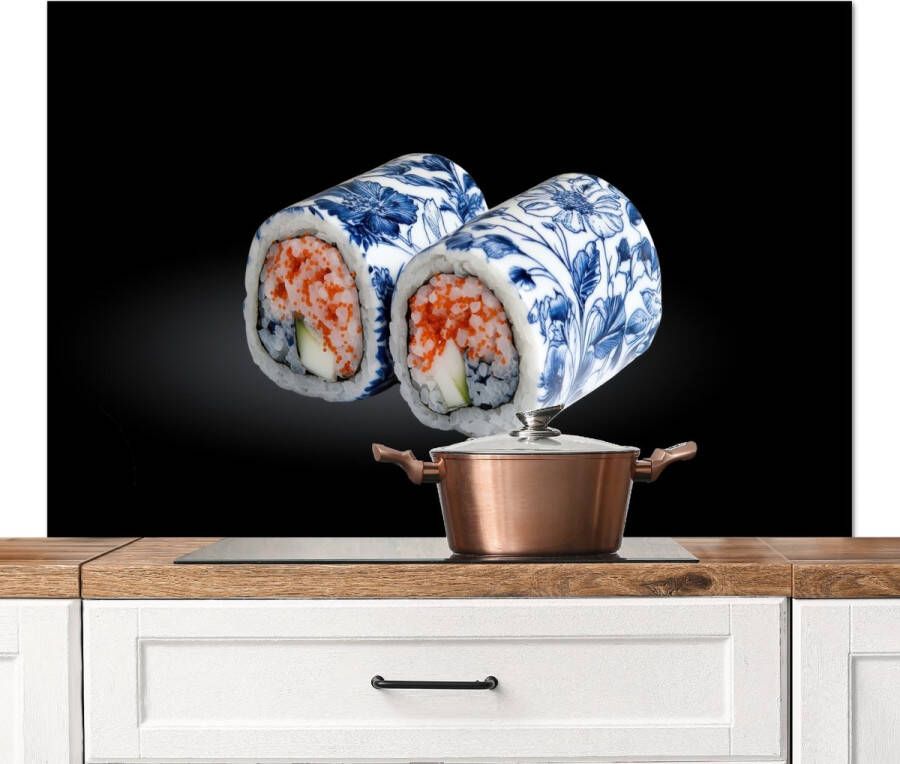 KitchenYeah Spatscherm keuken 120x80 cm Kookplaat achterwand Sushi Delfts blauw Rijst Vis Elegant Muurbeschermer Spatwand fornuis Hoogwaardig aluminium