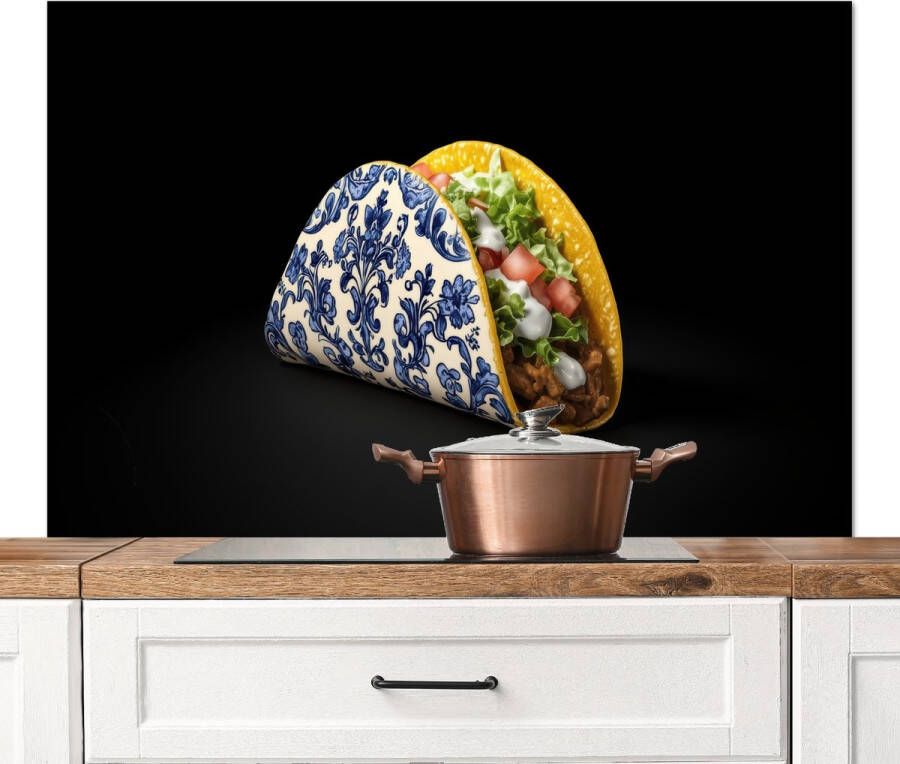 KitchenYeah Spatscherm keuken 120x80 cm Kookplaat achterwand Taco Vlees Salade Delftsblauw Motief Muurbeschermer Spatwand fornuis Hoogwaardig aluminium