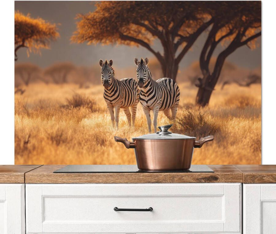 KitchenYeah Spatscherm keuken 120x80 cm Kookplaat achterwand Zebra's Savannelandschap Gras Muurbeschermer Spatwand fornuis Hoogwaardig aluminium