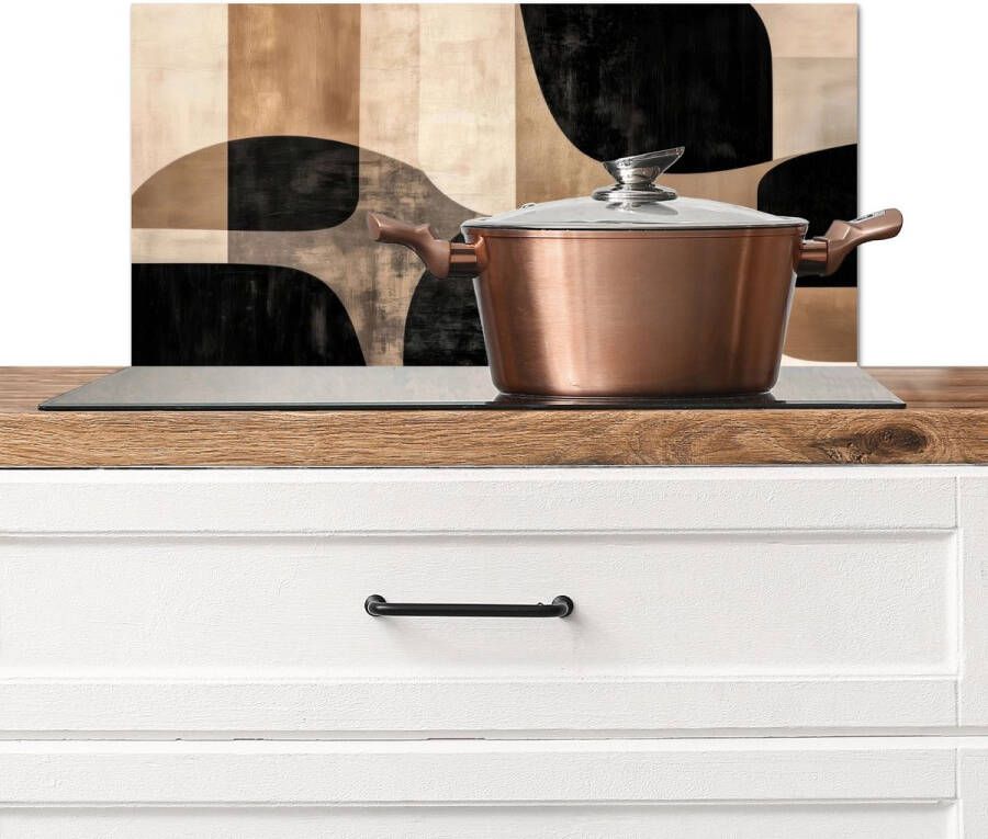 KitchenYeah Spatscherm keuken 60x30 cm Kookplaat achterwand Abstract Vlakken Zwart Rond Muurbeschermer Spatwand fornuis Hoogwaardig aluminium