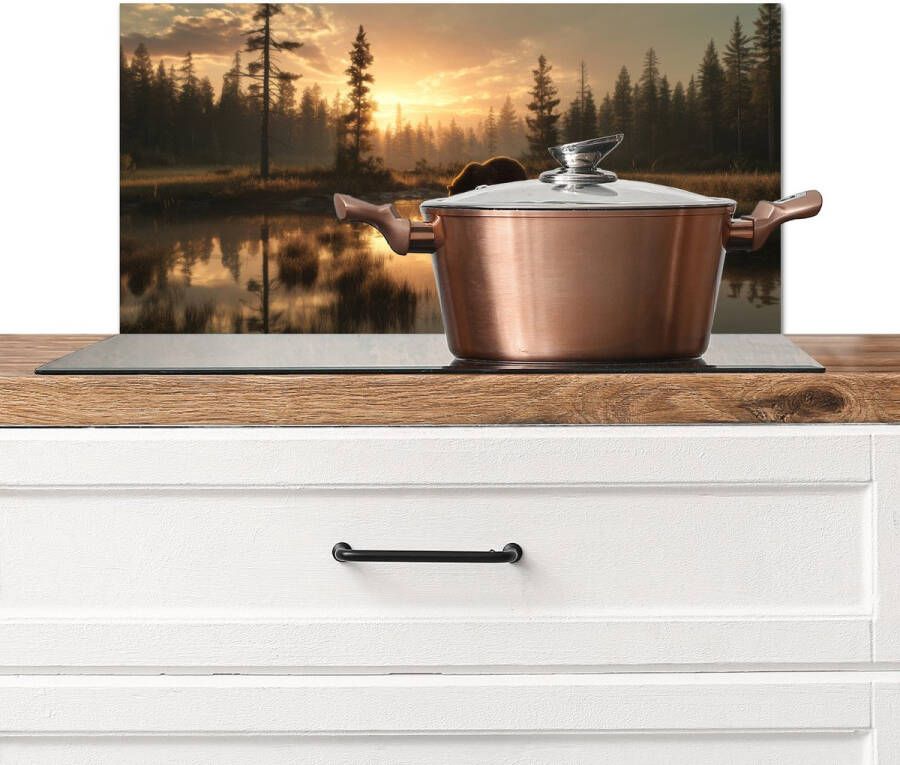 KitchenYeah Spatscherm keuken 60x30 cm Kookplaat achterwand Beer water Bos Ochtendlicht Muurbeschermer Spatwand fornuis Hoogwaardig aluminium