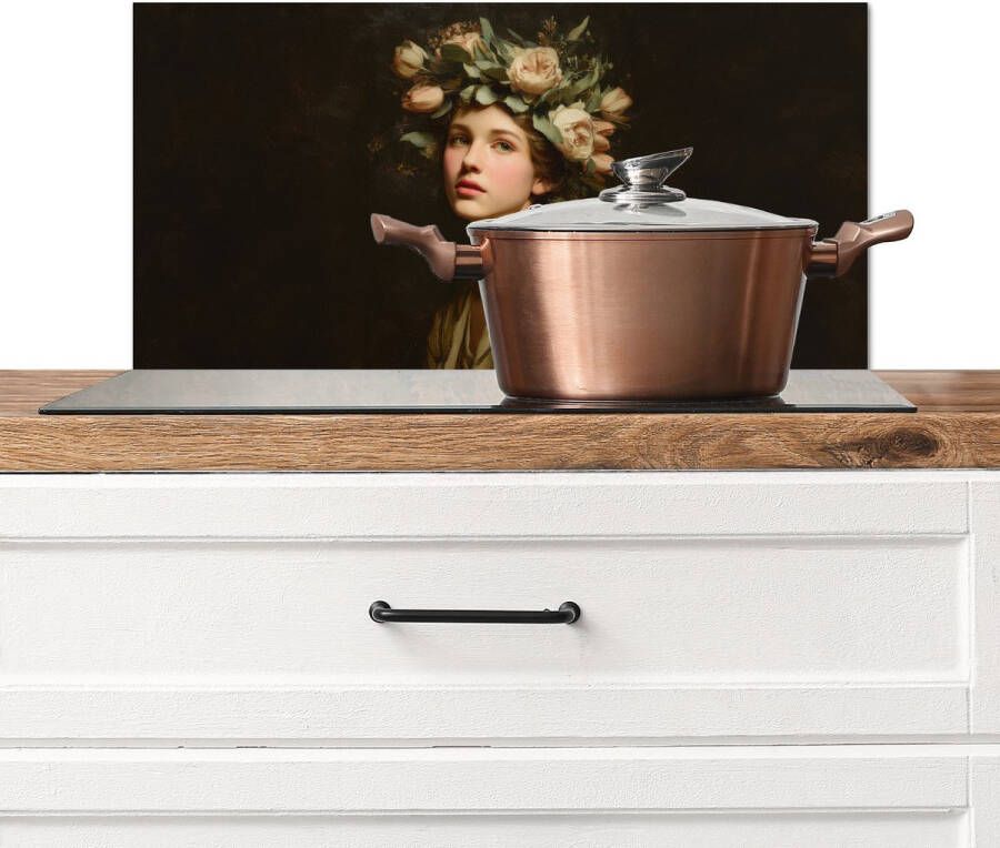 KitchenYeah Spatscherm keuken 60x30 cm Kookplaat achterwand Bloemenstilte Vrouw Portret Muurbeschermer Spatwand fornuis Hoogwaardig aluminium