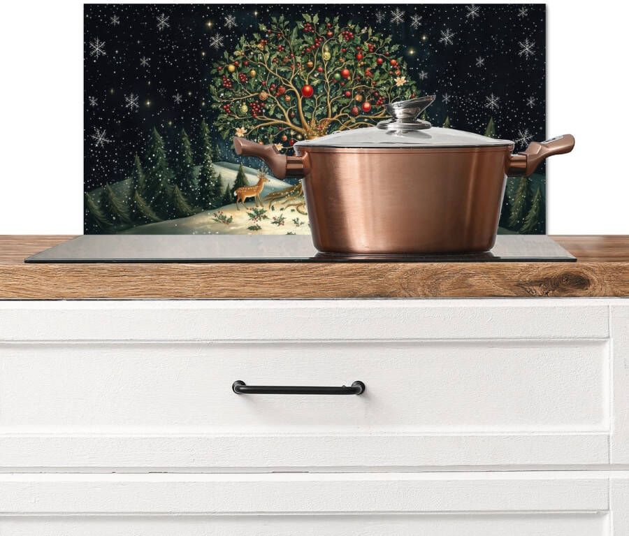 KitchenYeah Spatscherm keuken 60x30 cm Kookplaat achterwand Feestboom Winterhemel Kleurrijk Muurbeschermer Spatwand fornuis Hoogwaardig aluminium
