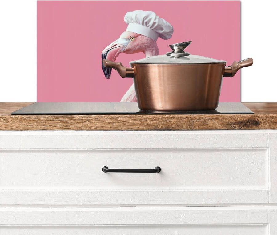 KitchenYeah Spatscherm keuken 60x30 cm Kookplaat achterwand Flamingo Roze Koksmuts Vogel Muurbeschermer Spatwand fornuis Hoogwaardig aluminium