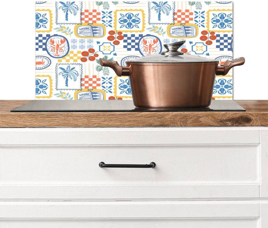 KitchenYeah Spatscherm keuken 60x30 cm Kookplaat achterwand Italiaans Zee Sfeer Tomaat Mozaïek Multi Muurbeschermer Spatwand fornuis Hoogwaardig aluminium