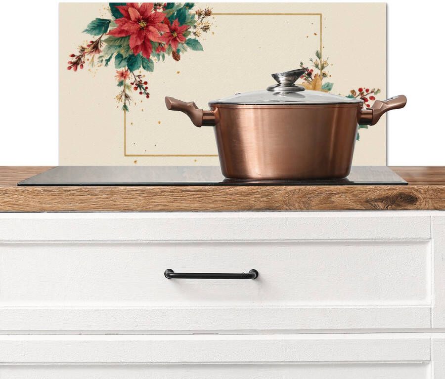 KitchenYeah Spatscherm keuken 60x30 cm Kookplaat achterwand Kerst Poinsettia Omlijsting Kleurrijk Muurbeschermer Spatwand fornuis Hoogwaardig aluminium