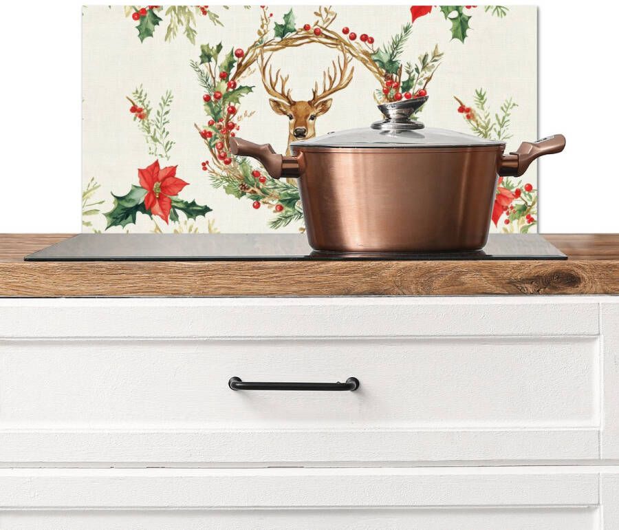 KitchenYeah Spatscherm keuken 60x30 cm Kookplaat achterwand Kerstkrans Hert Hulst Rood Muurbeschermer Spatwand fornuis Hoogwaardig aluminium