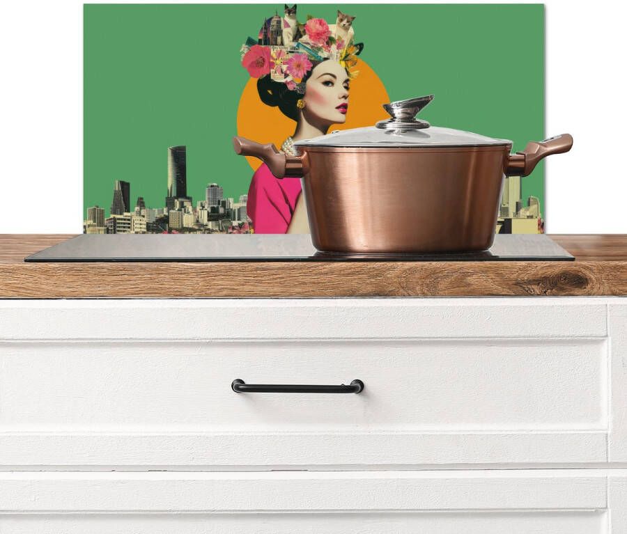 KitchenYeah Spatscherm keuken 60x30 cm Kookplaat achterwand Retro Vrouw Stad Zon Muurbeschermer Spatwand fornuis Hoogwaardig aluminium