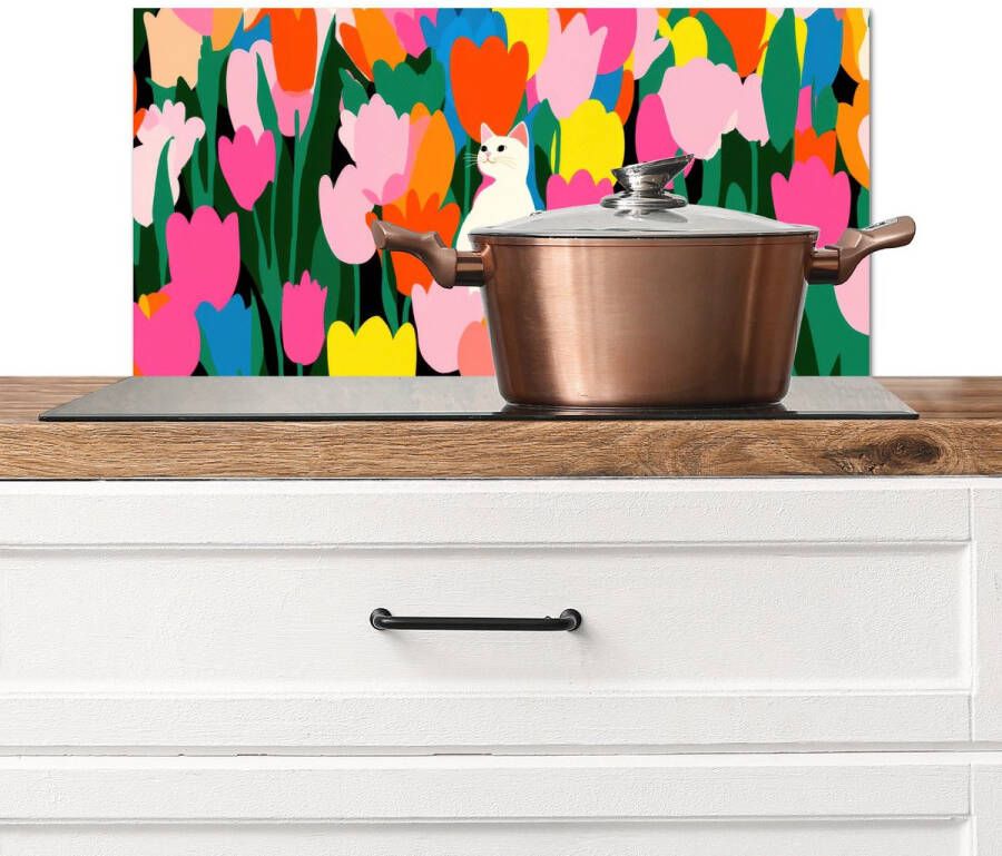 KitchenYeah Spatscherm keuken 60x30 cm Kookplaat achterwand Tulpen Kat Kleurrijk Muurbeschermer Spatwand fornuis Hoogwaardig aluminium