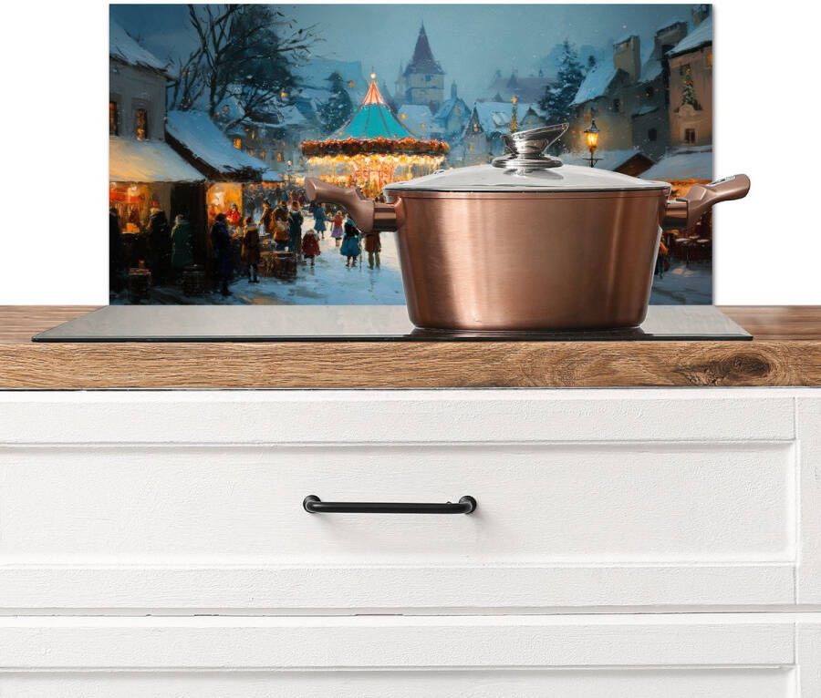 KitchenYeah Spatscherm keuken 60x30 cm Kookplaat achterwand Winterkermis Dorp Kleurrijk Muurbeschermer Spatwand fornuis Hoogwaardig aluminium