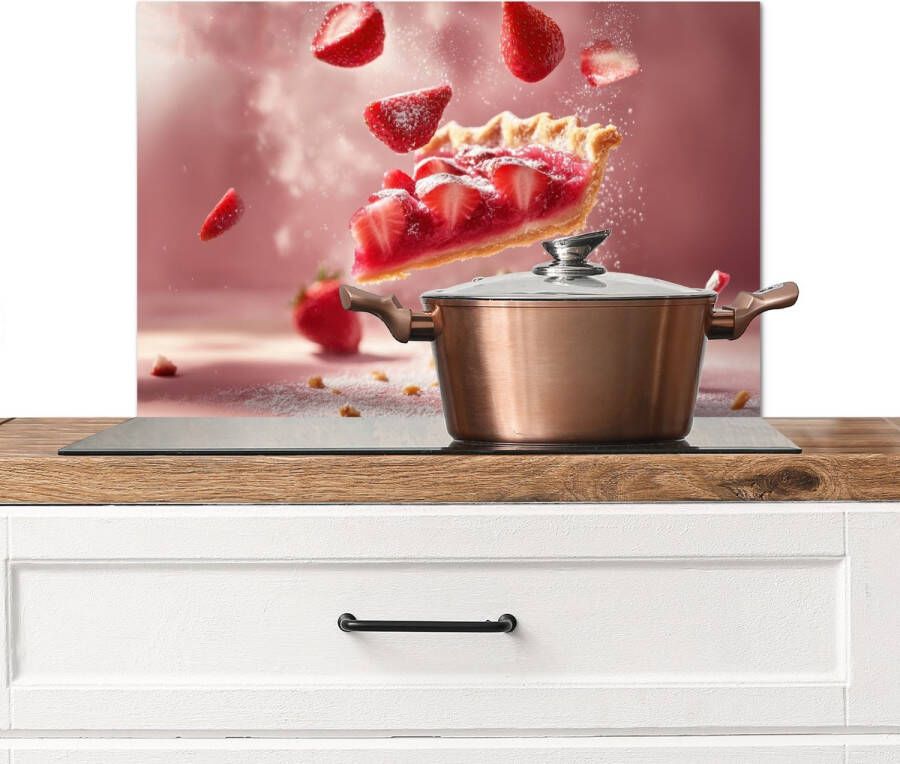 KitchenYeah Spatscherm keuken 60x40 cm Kookplaat achterwand Aardbei Taart- Eten Roze Muurbeschermer Spatwand fornuis Hoogwaardig aluminium