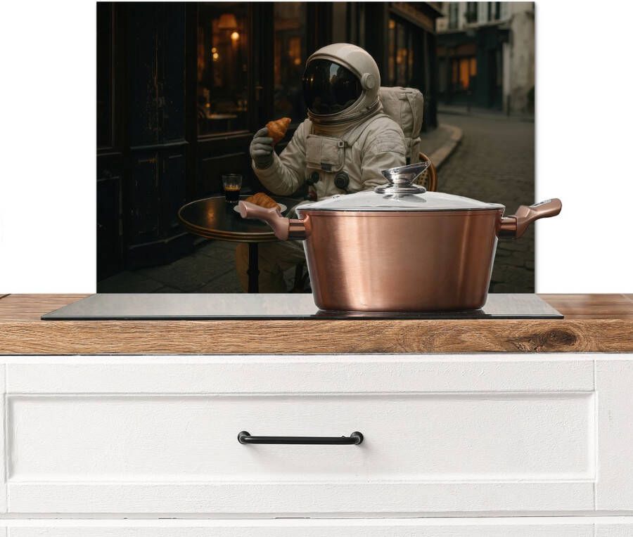 KitchenYeah Spatscherm keuken 60x40 cm Kookplaat achterwand Café Croissant Koffie Astronaut Muurbeschermer Spatwand fornuis Hoogwaardig aluminium