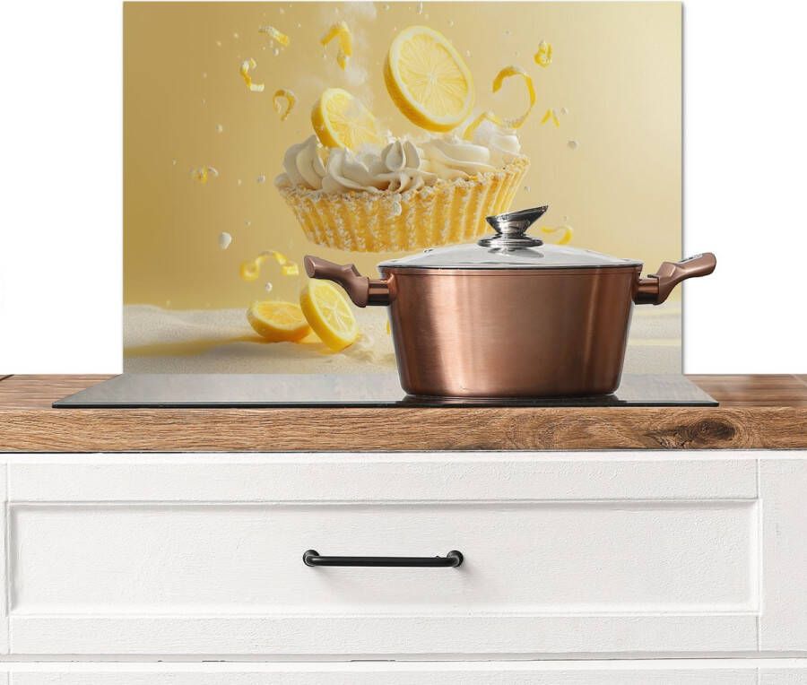 KitchenYeah Spatscherm keuken 60x40 cm Kookplaat achterwand Citroen Taart Eten Geel Muurbeschermer Spatwand fornuis Hoogwaardig aluminium
