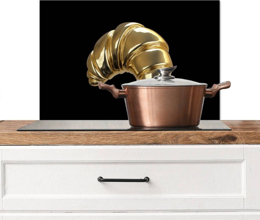 KitchenYeah Spatscherm keuken 60x40 cm Kookplaat achterwand Croissant Brood Goud Zwart Muurbeschermer Spatwand fornuis Hoogwaardig aluminium