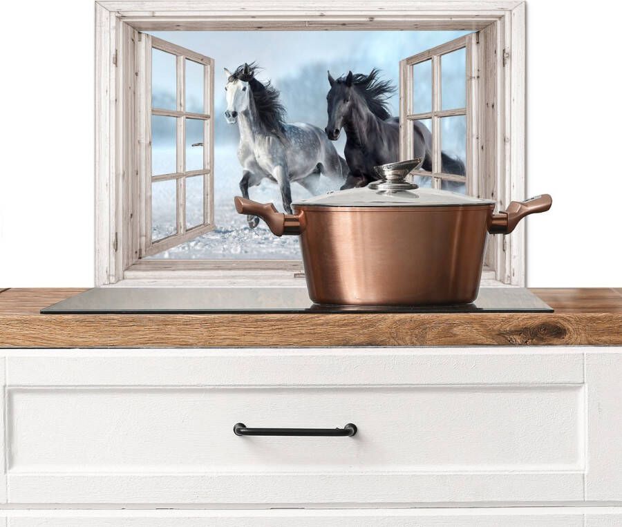 KitchenYeah Spatscherm keuken 60x40 cm Kookplaat achterwand Doorkijk Paarden Winter Dieren Natuur Wit Muurbeschermer Spatwand fornuis Hoogwaardig aluminium