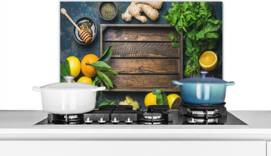 KitchenYeah Spatscherm keuken 60x40 cm Kookplaat achterwand Fruitkist Citroen Fruit Muurbeschermer Spatwand fornuis Hoogwaardig aluminium