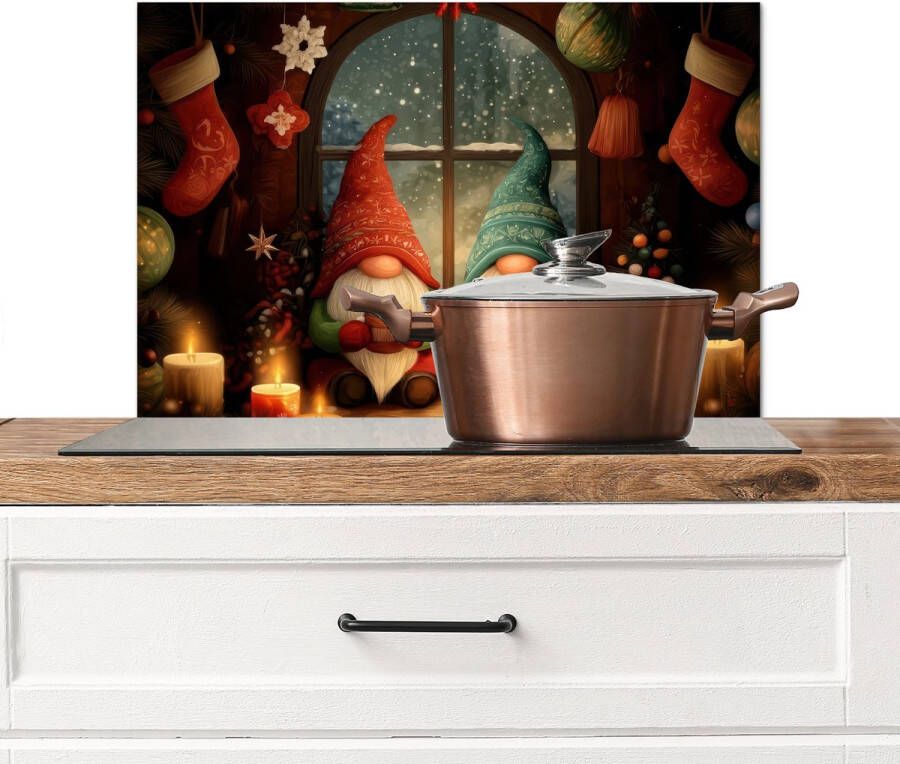KitchenYeah Spatscherm keuken 60x40 cm Kookplaat achterwand Gnooms Kerst Raam Kleurrijk Muurbeschermer Spatwand fornuis Hoogwaardig aluminium