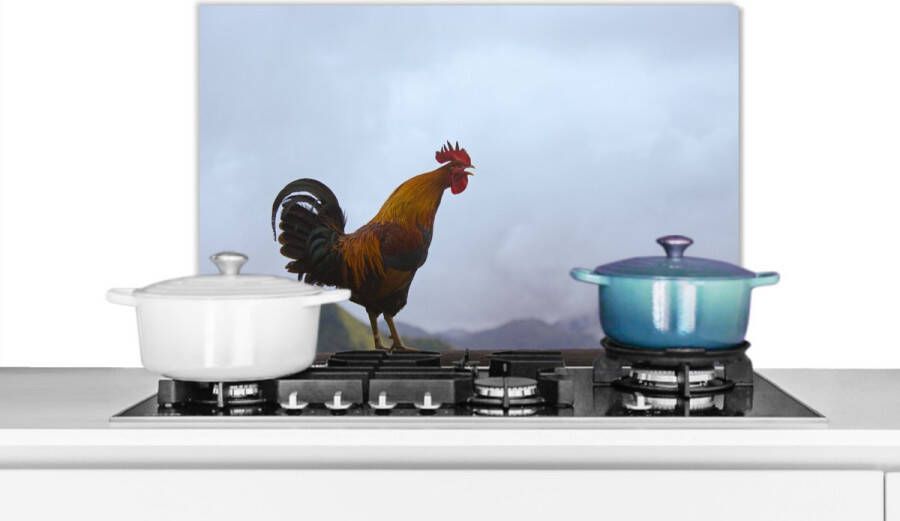 KitchenYeah Spatscherm keuken 60x40 cm Kookplaat achterwand Goudkleurige haan kraait op de berg Muurbeschermer Spatwand fornuis Hoogwaardig aluminium