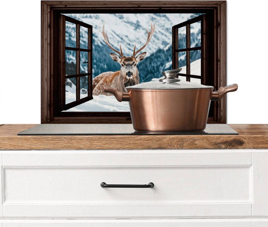 KitchenYeah Spatscherm keuken 60x40 cm Kookplaat achterwand Hert Landschap Winter Natuur Dieren Doorkijk Bergen Muurbeschermer Spatwand fornuis Hoogwaardig aluminium