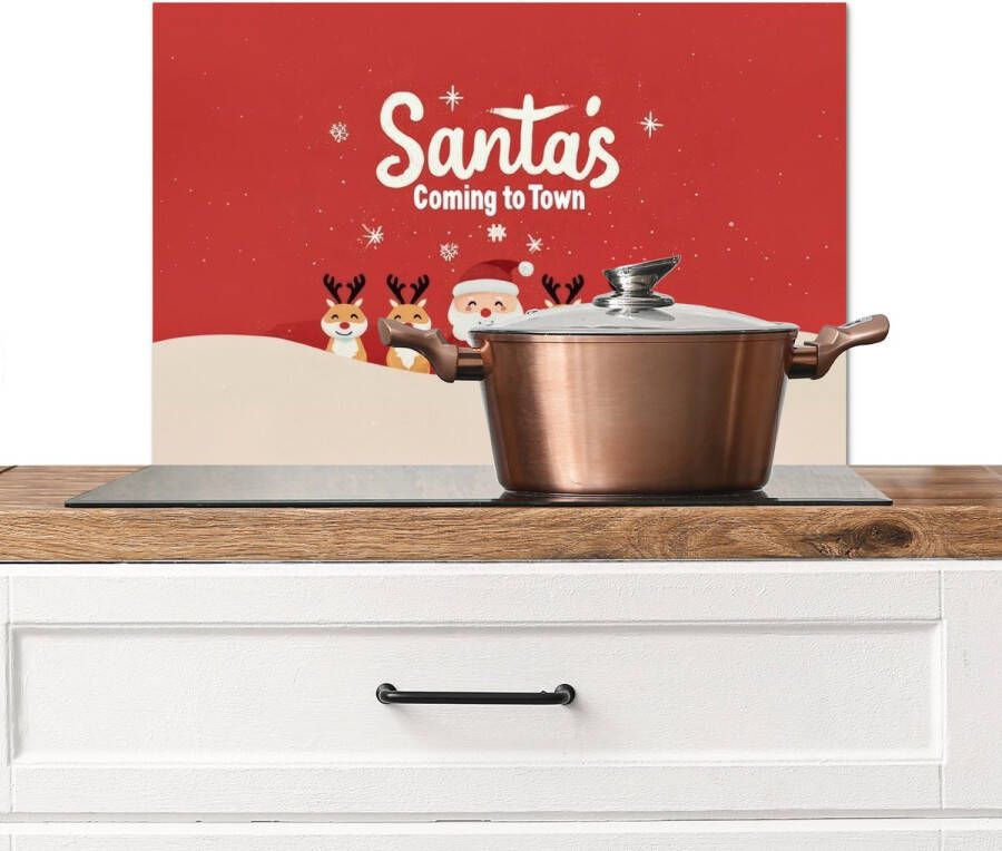 KitchenYeah Spatscherm keuken 60x40 cm Kookplaat achterwand Illustratie Kerstman Rendieren Rood Muurbeschermer Spatwand fornuis Hoogwaardig aluminium