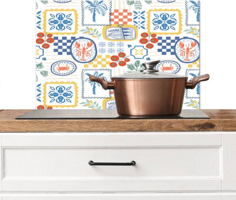 KitchenYeah Spatscherm keuken 60x40 cm Kookplaat achterwand Italiaans Zee Sfeer Tomaat Mozaïek Multi Muurbeschermer Spatwand fornuis Hoogwaardig aluminium