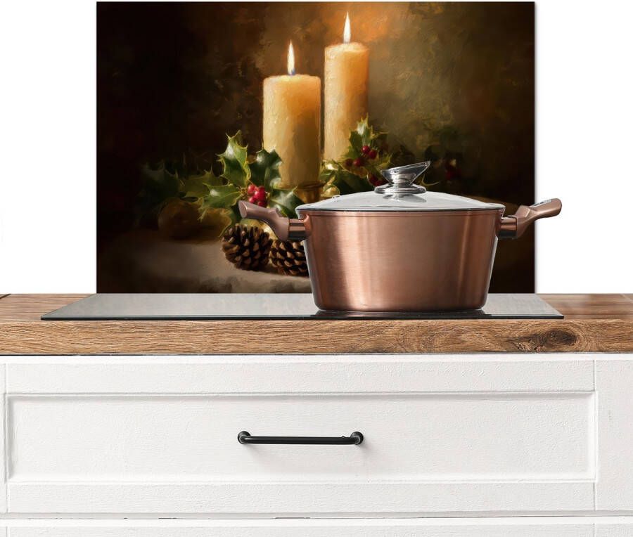 KitchenYeah Spatscherm keuken 60x40 cm Kookplaat achterwand Kaarslicht Kerst Veelkleurig Muurbeschermer Spatwand fornuis Hoogwaardig aluminium