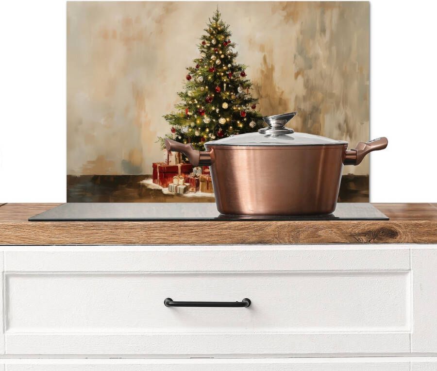 KitchenYeah Spatscherm keuken 60x40 cm Kookplaat achterwand Kerstboom Versierd Kleurrijk Muurbeschermer Spatwand fornuis Hoogwaardig aluminium