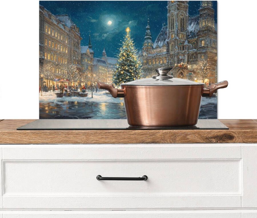 KitchenYeah Spatscherm keuken 60x40 cm Kookplaat achterwand Kerstnacht Stadsplein Meerkleurig Muurbeschermer Spatwand fornuis Hoogwaardig aluminium