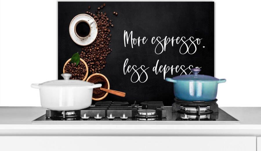 KitchenYeah Spatscherm keuken 60x40 cm Kookplaat achterwand Koffie More espresso Less depresso Quotes Spreuken Muurbeschermer Spatwand fornuis Hoogwaardig aluminium