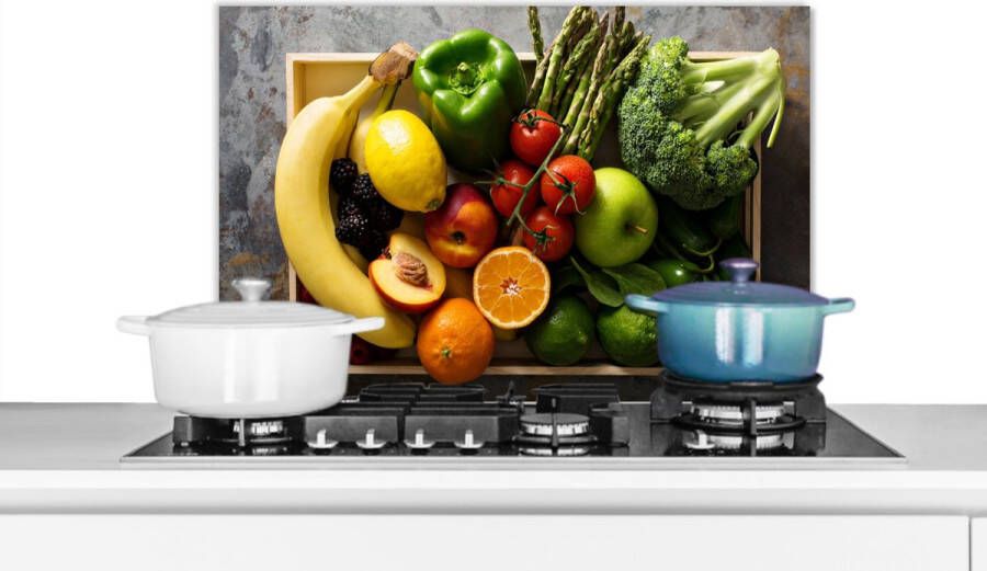 KitchenYeah Spatscherm keuken 60x40 cm Kookplaat achterwand Krat Fruit Regenboog Muurbeschermer Spatwand fornuis Hoogwaardig aluminium