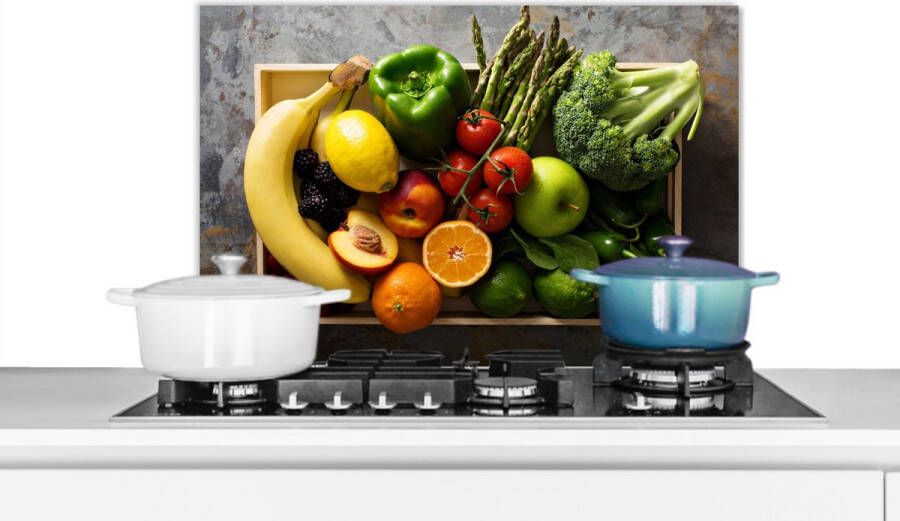 KitchenYeah Spatscherm keuken 60x40 cm Kookplaat achterwand Krat Fruit Regenboog Muurbeschermer Spatwand fornuis Hoogwaardig aluminium