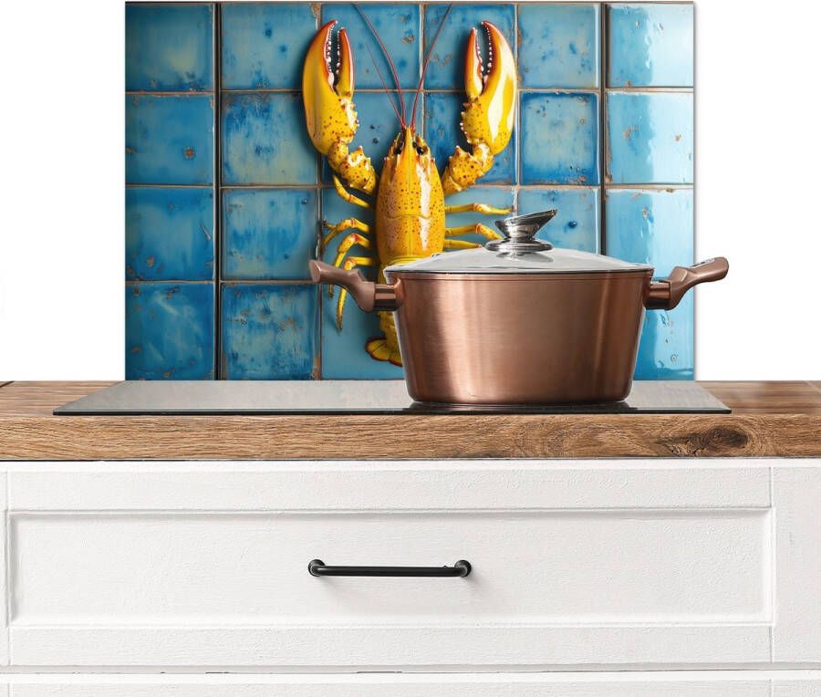 KitchenYeah Spatscherm keuken 60x40 cm Kookplaat achterwand Kreeft Geel Blauw Tegels Muurbeschermer Spatwand fornuis Hoogwaardig aluminium