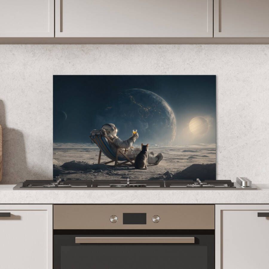 KitchenYeah Spatscherm keuken 60x40 cm Kookplaat achterwand Maan Kat Astronaut Ruimte Muurbeschermer Spatwand fornuis Hoogwaardig aluminium