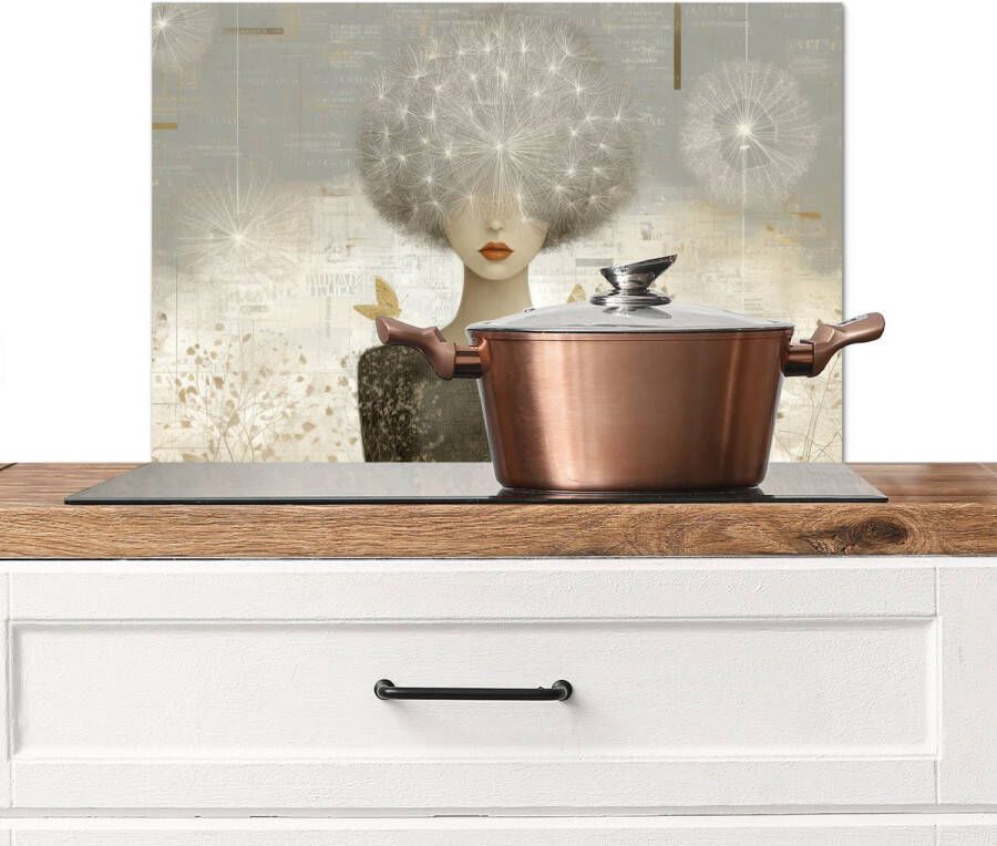 KitchenYeah Spatscherm keuken 60x40 cm Kookplaat achterwand Pluis Vrouw Beige Muurbeschermer Spatwand fornuis Hoogwaardig aluminium