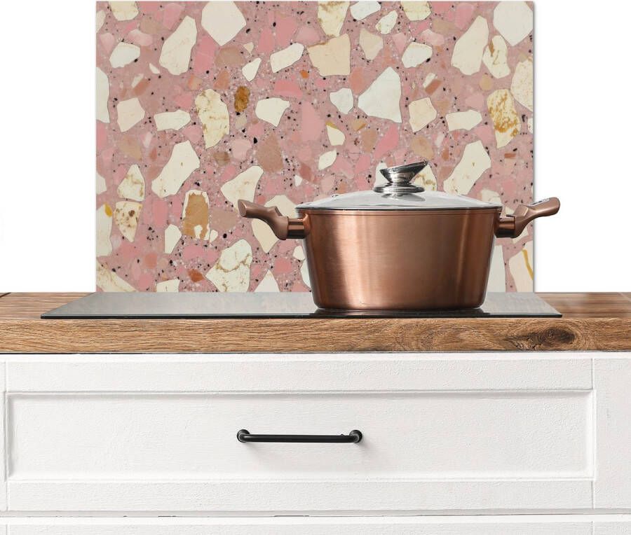 KitchenYeah Spatscherm keuken 60x40 cm Kookplaat achterwand Roze Decoratie Stenen Terrazzo Muurbeschermer Spatwand fornuis Hoogwaardig aluminium