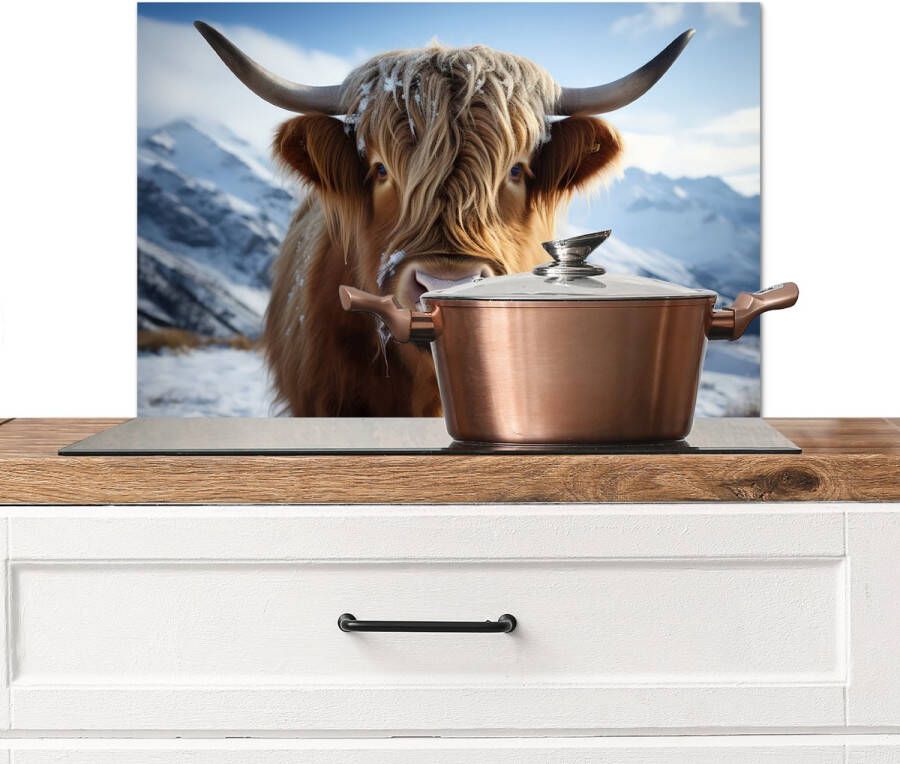 KitchenYeah Spatscherm keuken 60x40 cm Kookplaat achterwand Schotse hooglander Bergen Sneeuw Muurbeschermer Spatwand fornuis Hoogwaardig aluminium
