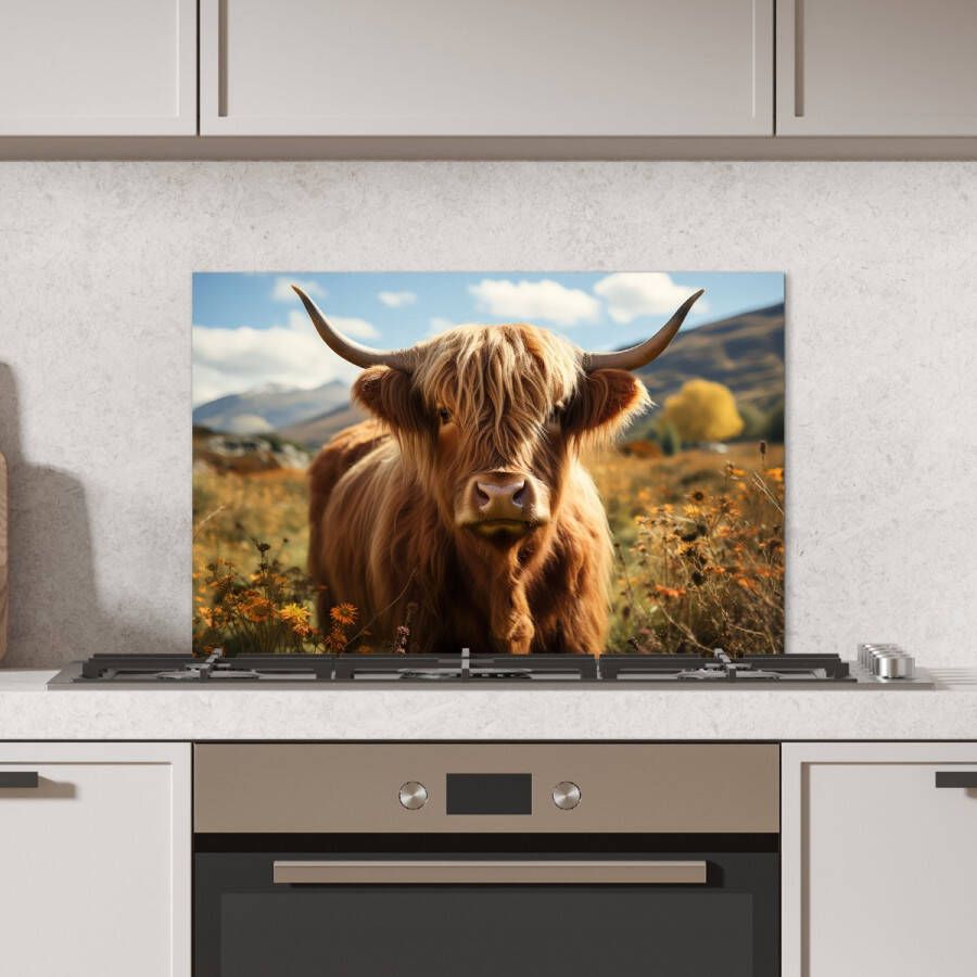 KitchenYeah Spatscherm keuken 60x40 cm Kookplaat achterwand Schotse hooglander Bloemen Hoorns Wolken Muurbeschermer Spatwand fornuis Hoogwaardig aluminium